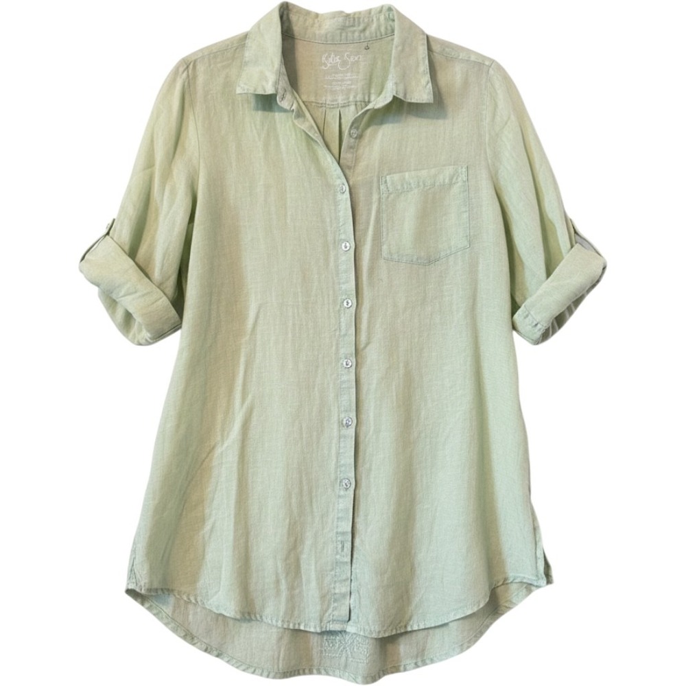 Kyla Seo Linen Button Down Shirt Medium Green Embroidered Roll Tab Boho